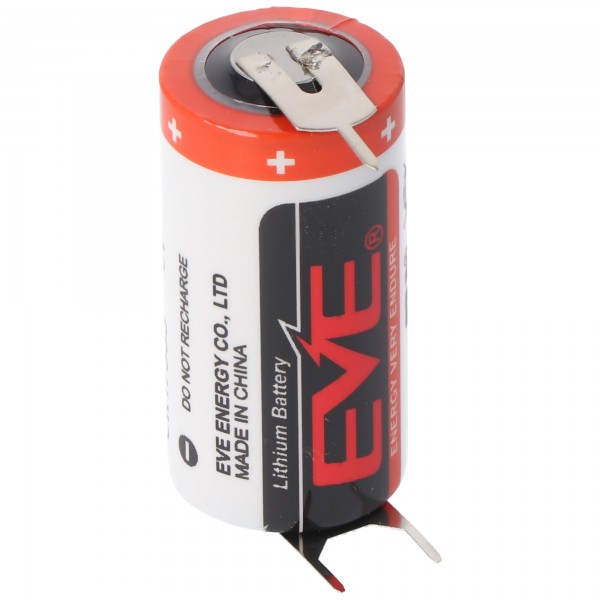 EVE CR17335 batteristørrelse 2 / 3A med 3 volt spænding og 1550 mAh kapacitet, dimensioner 33,5 x 17 mm, med printkontakter + / - 7,6 mm deling