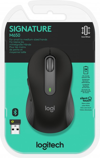 Logitech Mouse M650, Signatur, Trådløs, Bolt, Bluetooth, grafitoptisk, 400-4000dpi, 5 knapper, Højre, S/M, Detail