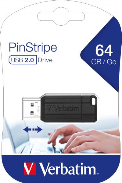 Verbatim USB 2.0 Stick 64GB, PinStripe, sort (R) 12MB/s, (W) 5MB/s, detailblister