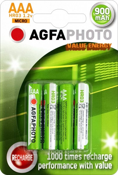 Agfaphoto batteri NiMH, mikro, AAA, HR03, 1,2V/900mAh værdi energi, detailblister (4-pak)