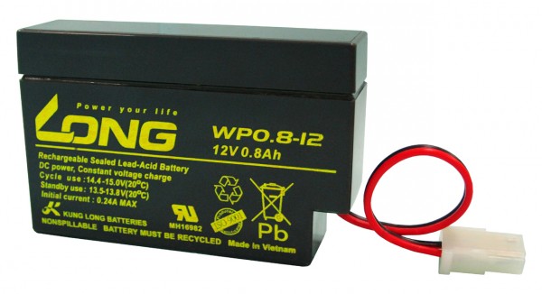 Kung Long WP0.8-12 bly-fleece batteri, 12V, 0.8Ah med AMP stik