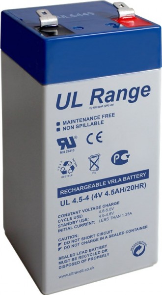 Ultracell blybatteri 4 V, 4,5Ah (UL4.5-4) - Faston (4,8 mm) blybatteri