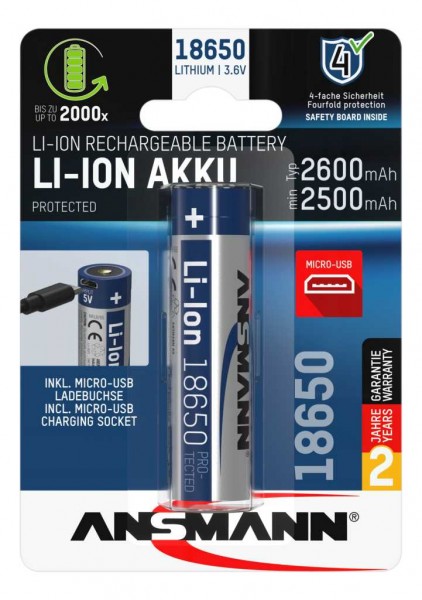 Ansmann LiIon 18650 3.6V 2600mAh med mikro USB opladningsstik med beskyttelseskredsløb