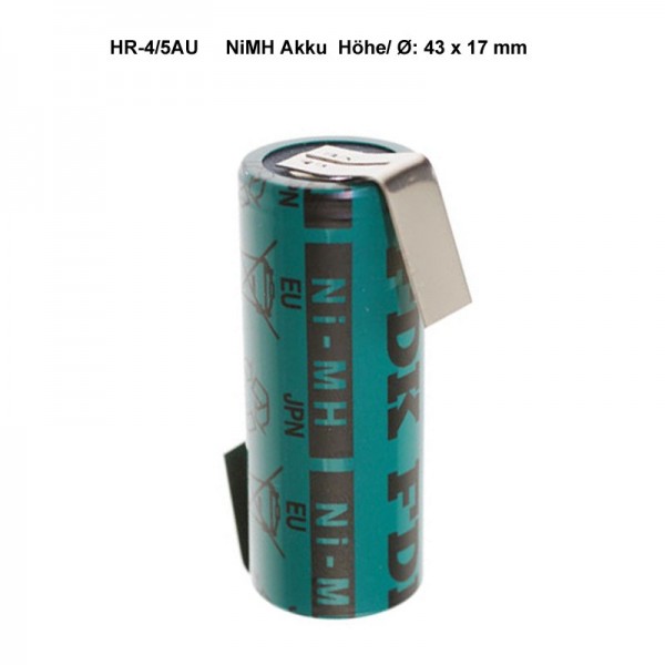 Sanyo HR-4 / 5AU NiMH genopladeligt batteri 2150mAh 4 / 5A, 43x17mm med loddetråd i Z-form