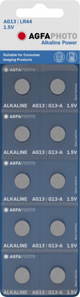 Agfaphoto batteri alkalisk, knapcelle, LR44, V13GA, 1,5V strøm, detailblister (10-pak)