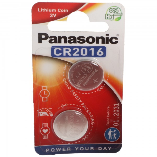 Panasonic batteri lithium, knapcelle, CR2016, 3V elektronik, lithium strøm, detailblister (2-pack)