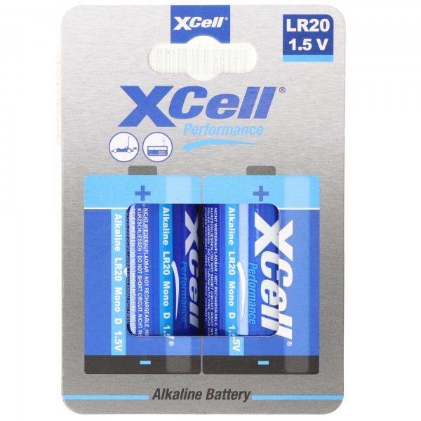 XCell alkalisk mono batteri, LR20, D, miljøvenlig emballage, blister med 2 stk