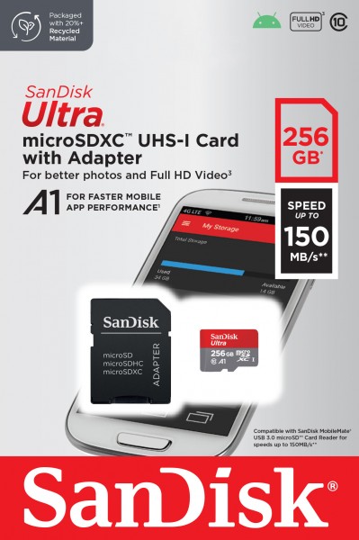 Sandisk microSDXC-kort 256 GB, Ultra, Klasse 10, U1, A1 (R) 150 MB/s, SD-adapter, blisterpakning