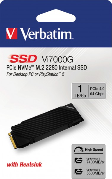Verbatim SSD 1TB, PCIe 4.0, M.2 2280, NVMe, Vi7000G (R) 7400MB/s, (W) 5500MB/s, Detailhandel