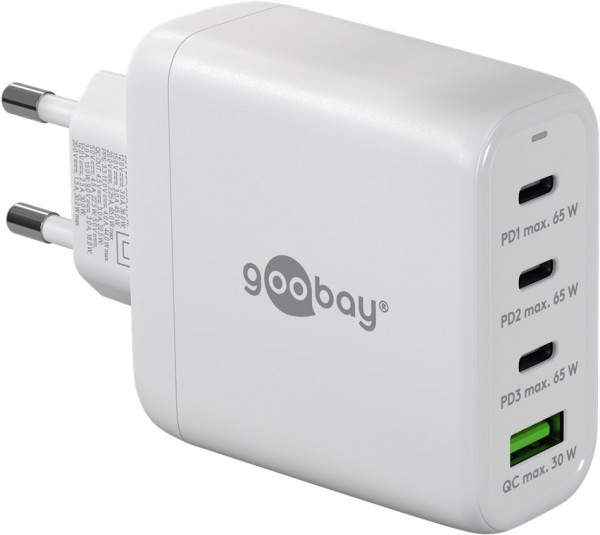 Goobay USB-C™ PD multiport hurtigoplader (68 W) hvid - 3x USB-C™-porte (strømforsyning) og 1x USB-A-port (Quick Charge) - hvid