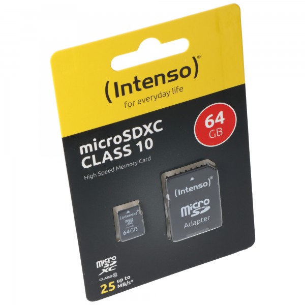 Intenso microSDXC-kort 64GB, Klasse 10 (R) 25MB/s, (W) 10MB/s, SD-adapter, detailblister