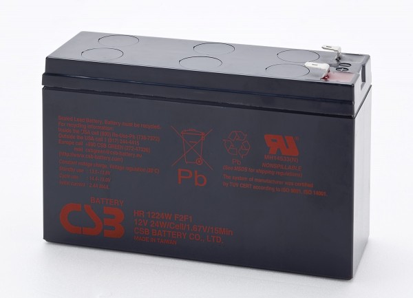 CSB-HR1224WF2F1 12 Volt AGM Blyssyre 2Ah - 24Wh, 151x51x98,3mm + Pol 6,3 / -Pole 4,8mm Høj strømbestandig