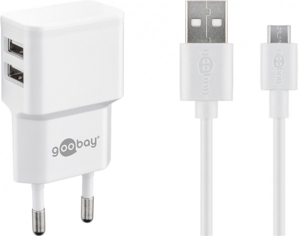 Goobay Micro USB dobbelt opladningssæt 2,4 A - strømforsyningsenhed med 2x USB-stik og Micro USB-kabel 1m (hvid)