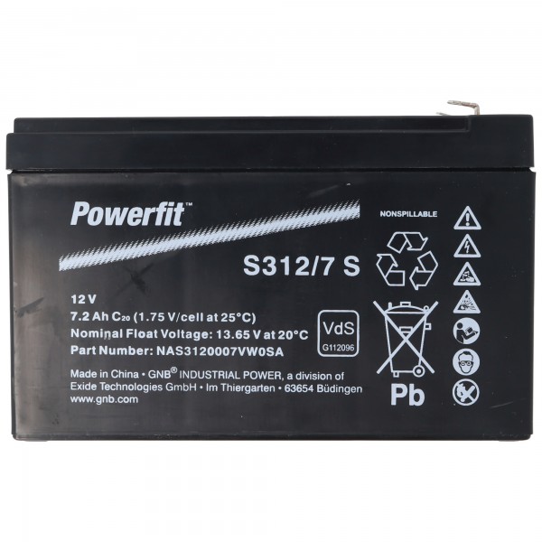 Exide Powerfit S312 / 7SR PB blybatteri 12 Volt 7200mAh med Faston 6.3mm kontakter