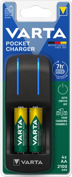Varta genopladeligt batteri NiMH, universal oplader, lommeoplader inkl. batterier, 4x Mignon, AA, 2100mAh
