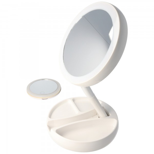 LED bordspejl hvid med AA batterier og gratis håndspejl inkluderet