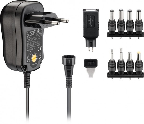 3 V - 12 V universal strømforsyning inklusive 1 USB og 8 DC adaptere - maks. 12 W og 1 A