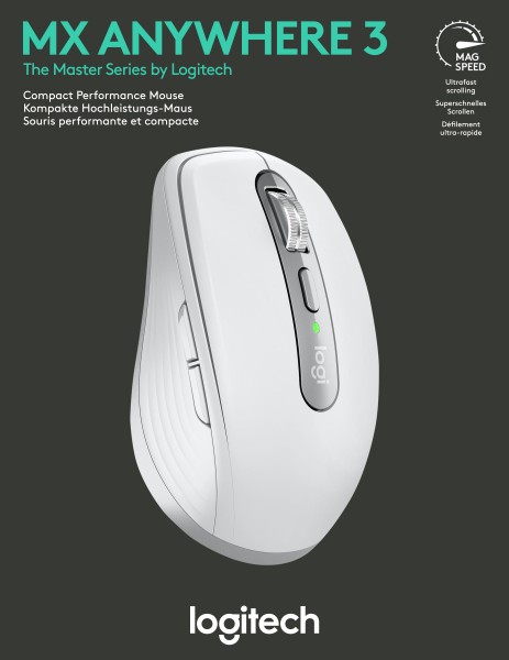 Logitech Mouse MX Anywhere 3, trådløs, Unifying, Bluetooth, lysegrå laser, 200-4000 dpi, 6 knapper, genopladeligt batteri, detailhandel