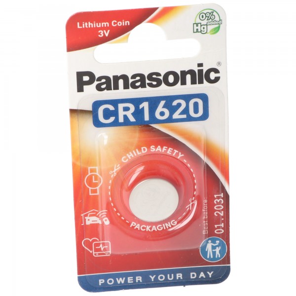 Panasonic batteri lithium, knapcelle, CR1620, 3V elektronik, lithium strøm, detailblister (1-pakke)