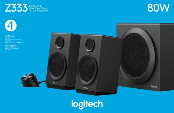 Logitech Speaker Z333, lyd, stereo 2.1, 80W subwoofer, sort, detailhandel