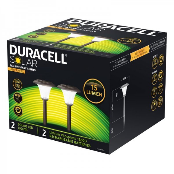 Sæt med 2 Duracell LED solgardinlamper med op til 15 lumen, rustfrit stål, med lithiumbatteri