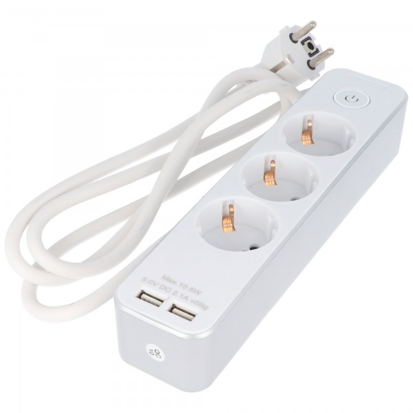 3-vejs stikkontakt med switch og 2 USB-porte, til tilslutning af op til tre elektriske enheder og to USB-enheder, med børnesikring, kabellængde 1,5 m