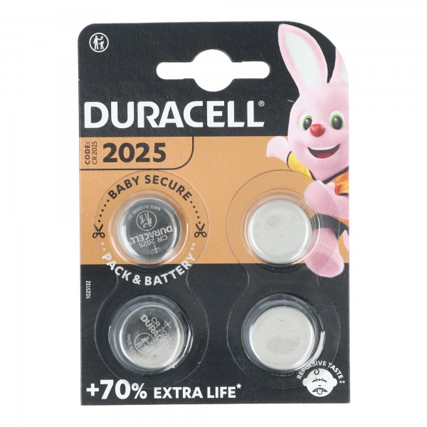 Duracell batteri lithium, knapcelle, CR2025, 3V elektronik, detailblister (4-pak)