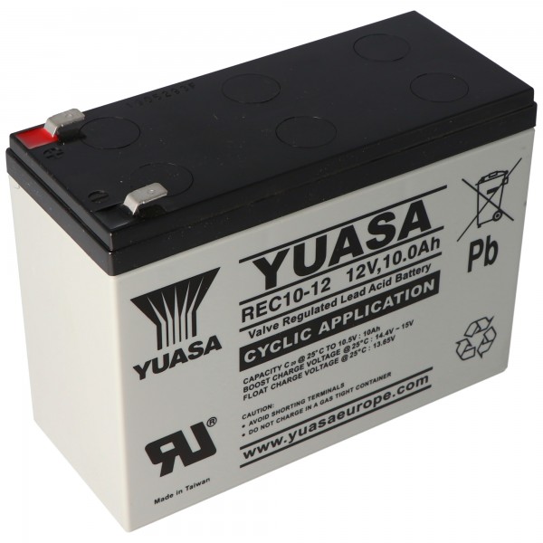 Yuasa blybatteri REC10-12 med 12 volt og 10Ah, 6,3 mm Faston stikkontakter