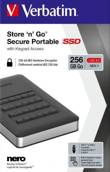 Verbatim SSD 256 GB, USB 3.1, AC, 4,57 cm (1,8''), sort Secure Portable, Tastatur, 256-AES-Bit, Detail