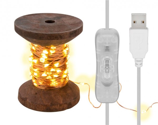 Goobay LED-lyskæde &quot;spole&quot;, lille - med USB-kabel 3 m, lyskæde 10 m med 100 mikro-LED'er i varm hvid (2700 K) og afbryder (tænd/sluk)