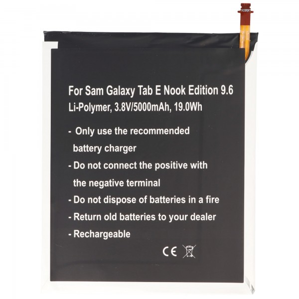 Batteri passer til Samsung Galaxy Tab E Nook Edition 9,6, Li-Polymer, 3.8V, 5000mAh, 19.0Wh, indbygget, uden værktøj