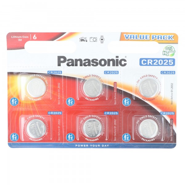 Panasonic batteri lithium, knapcelle, CR2025, 3V elektronik, lithium strøm, detailblister (6-pack)