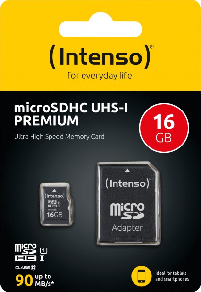 Intenso microSDHC-kort 16GB, Premium, Klasse 10, U1 (R) 90MB/s, (W) 10MB/s, SD-adapter, detailblister