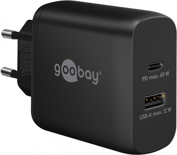Goobay USB-C™ PD dobbelt hurtigoplader (65 W) sort - 1x USB-C™-port (strømforsyning) og 1x USB-A-port - sort