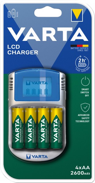 Varta batteri NiMH, universal oplader, LCD oplader inkl. batterier, 4x Mignon, AA, 2600mAh, USB