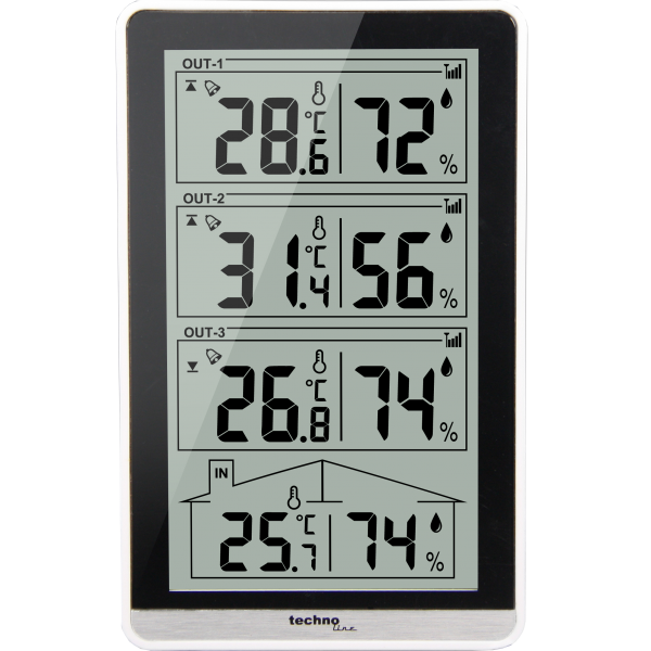 WS 7060 - moderne temperaturstation med 3 udendørs sensorer og 4 målte værdier fra Technoline