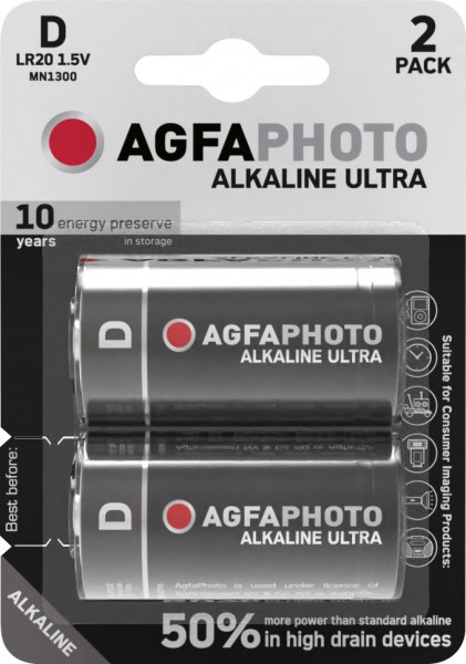 Agfaphoto Batteri Alkaline, Mono, D, LR20, 1,5V Ultra, Retail Blister (2-Pack)