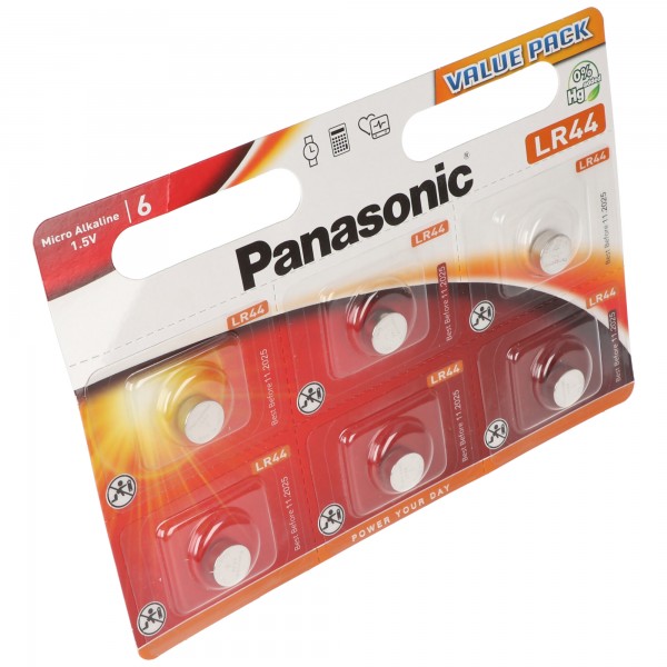 Panasonic batteri alkalisk, knapcelle, LR44, V13GA, 1,5V elektronik, detailblister (6-pak)