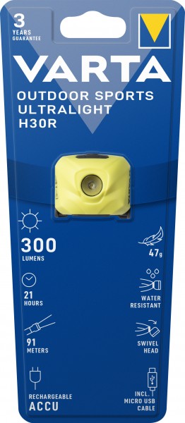 Varta LED-lommelygte Outdoor Ultralight, H30R lime 300lm, inkl. 1x micro USB-kabel, detailblister