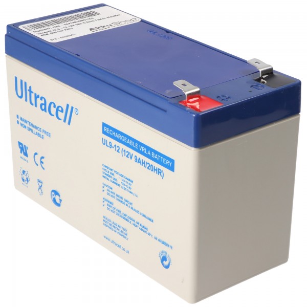 Ultracell UL9-12 12V 9Ah 6.3mm Faston blybatteri AGM blygelbatteri
