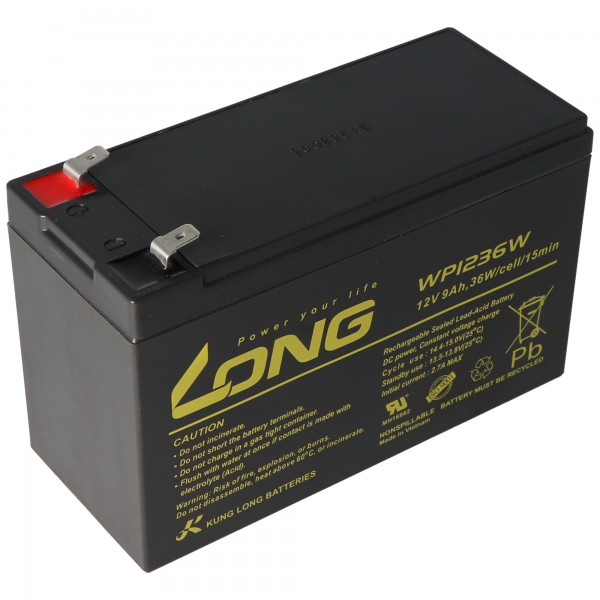 Kung Long WP1236W 12Volt 36W blybatteri med 9Ah, 6,3mm Faston Tab 250
