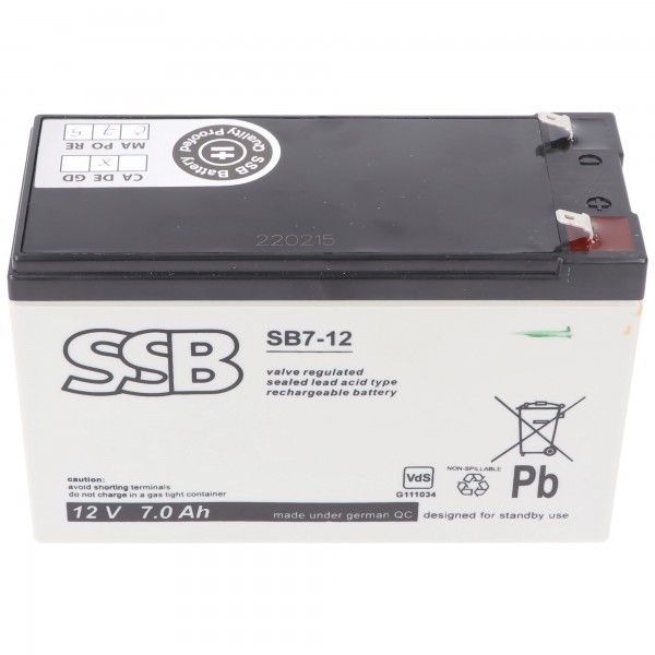 SSB SBV7-12 12V 7Ah 4.8mm Faston blybatteri AGM blygelbatteri