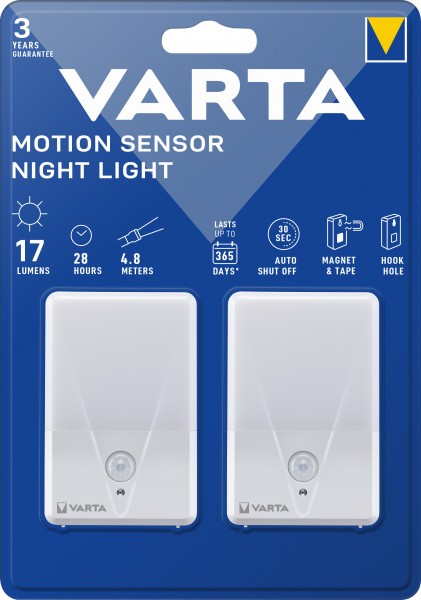 Varta LED-lommelygte Bevægelsessensor, Natlys 17lm, Twin Pack, ekskl. 3x alkaliske AAA-batterier, blisterpakning