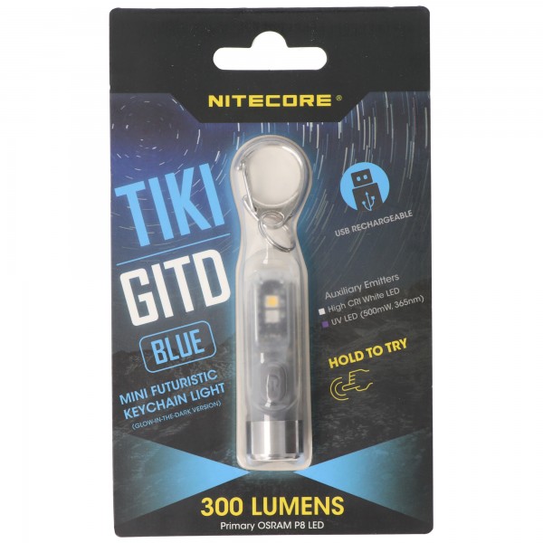 Nitecore TIKI GITD, Glød i mørket, med UV LED, nøglering lys, genopladelig nøglering lys, blå