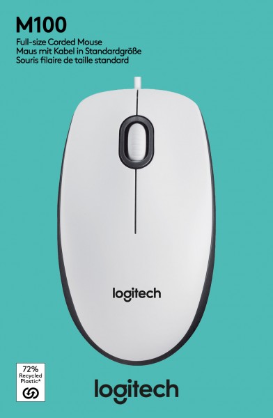 Logitech Mouse M100, USB, hvid optisk, 1000 dpi, 3 knapper, detailhandel