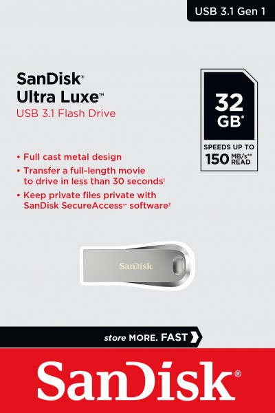Sandisk USB 3.1 Stick 32 GB, Ultra Luxe Type-A, (R) 150 MB/s, SecureAccess, detailblister