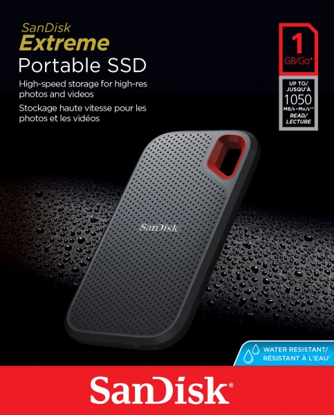 Sandisk SSD 1TB, USB 3.2, Type AC, 6,35 cm (2,5'') Extreme Portable, (R) 1050MB/s, detailblister