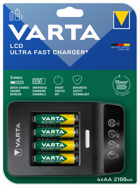 Varta genopladeligt batteri NiMH, universal hurtigoplader, LCD Charger+ inkl. genopladelige batterier, 4x Mignon, AA, 2500mAh