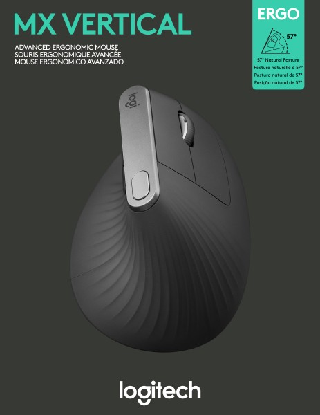 Logitech Mouse MX Vertical, trådløs, Unifying, Bluetooth, antracitlaser, 4000 dpi, 6 knapper, genopladeligt batteri, detailhandel