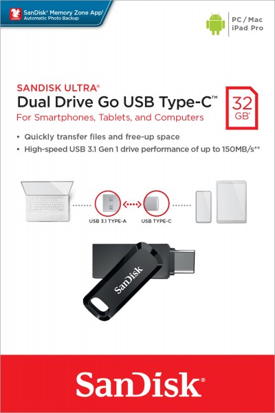 Sandisk USB 3.1 OTG Stick 32 GB, Ultra Dual Go Type-AC, (R) 150 MB/s, Memory Zone, detailblister